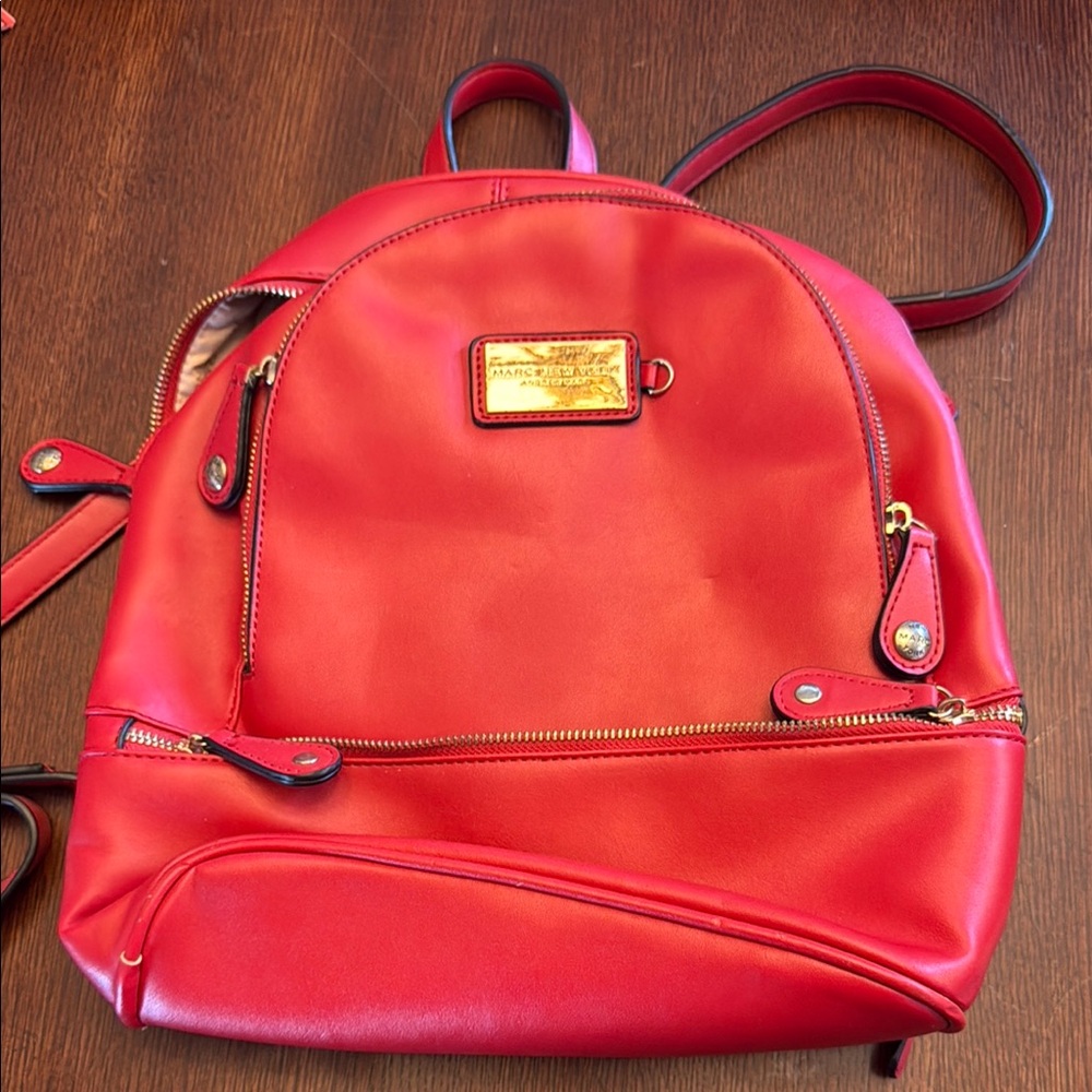 Red and Gold Leather Backpack with Dome Shape